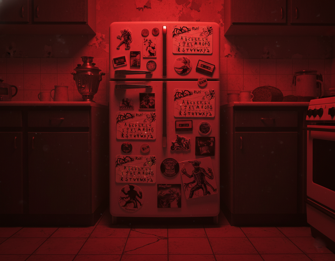 Холодильник на кухне, украшенный виниловыми магнитами Magfan™ в стиле ретро-фантастики.